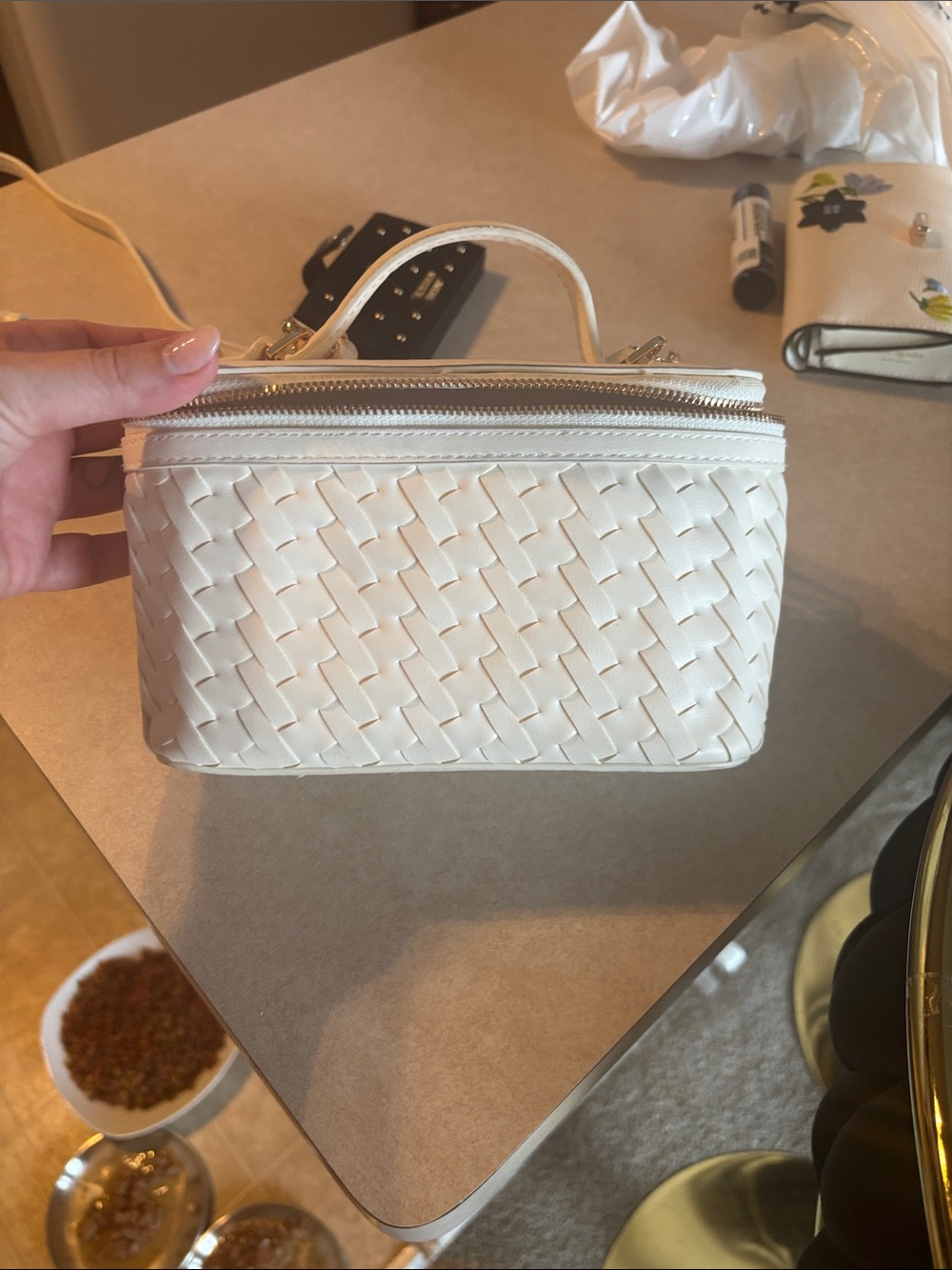 Woven White Women’s Top-Handle Cosmetic Bag